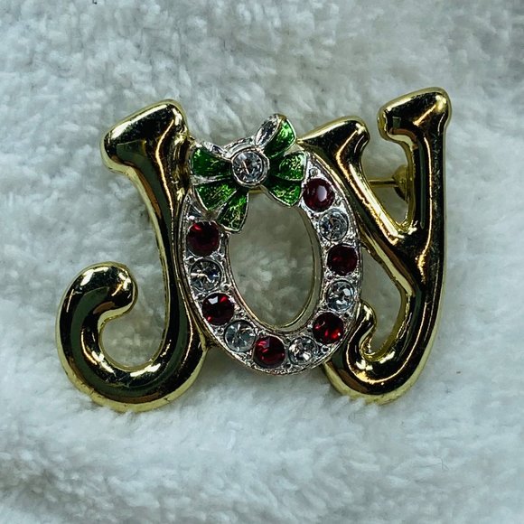 JOY Christmas Pin Brooch Gold Color Wreath Design Around the O Rhinestone Accent - Picture 13 of 13